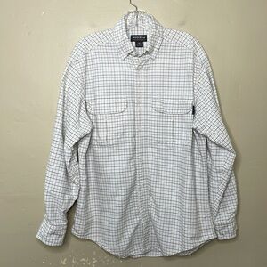 WOOLRICH Button Down Shirt TATTERSALL Blue & Creamy White Patch Chest Pockets Md